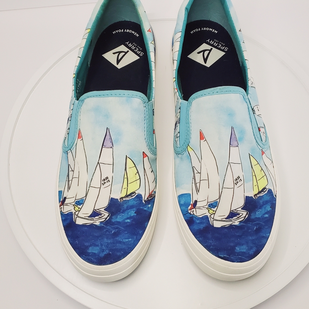 New SPERRY Canvas Sailboat Print Slip-On Sneakers Women's SZ 10